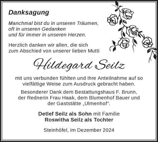 Traueranzeige von Hildegard Seilz von Märkische Oderzeitung