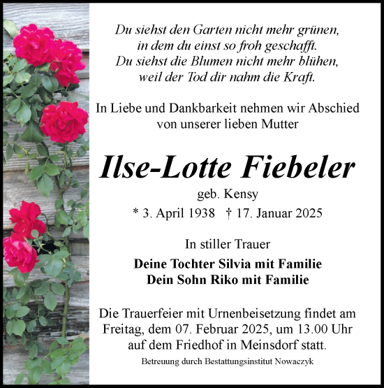 Traueranzeige von Ilse-Lotte Fiebeler von Märkische Oderzeitung