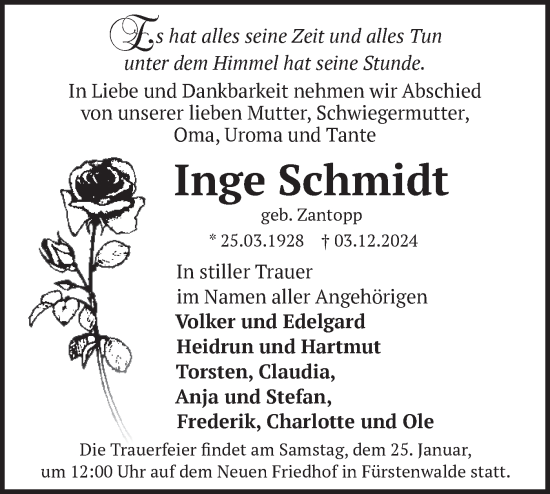 Traueranzeige von Inge Schmidt von Märkische Oderzeitung