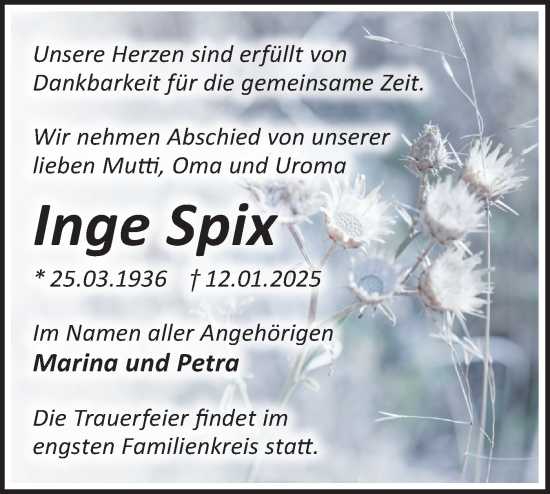 Traueranzeige von Inge Spix von Märkische Oderzeitung