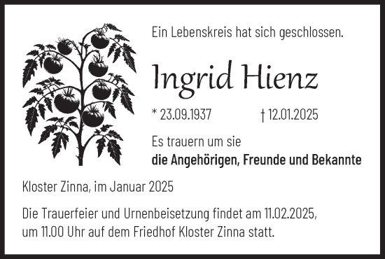 Traueranzeige von Ingrid Hienz von Märkische Oderzeitung