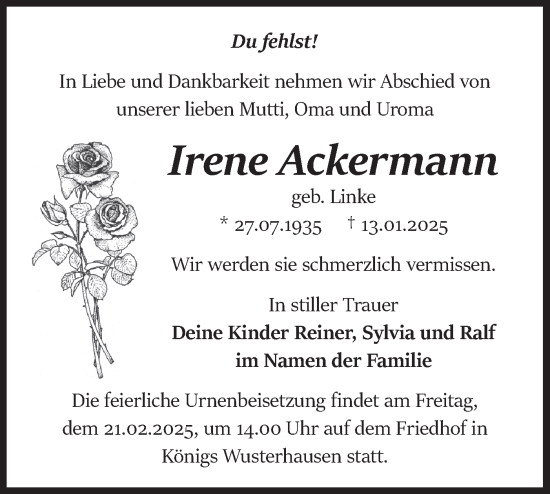 Traueranzeige von Irene Ackermann von Märkische Oderzeitung