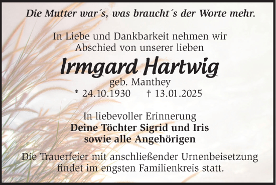 Traueranzeige von Irmgard Hartwig von Märkische Oderzeitung