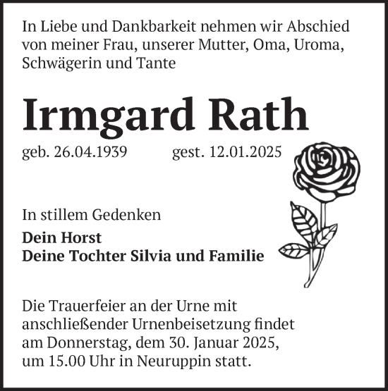 Traueranzeige von Irmgard Rath von Märkische Oderzeitung