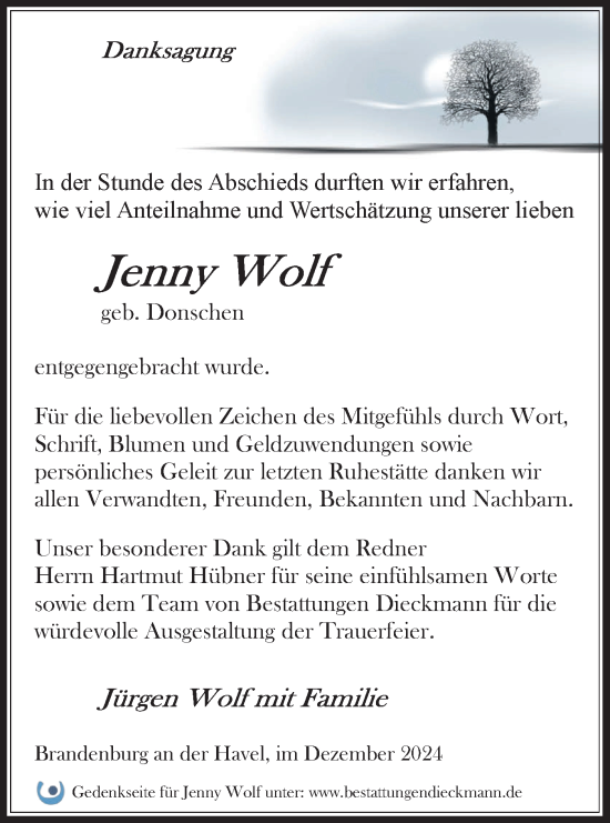 Traueranzeige von Jenny Wolf von Märkische Oderzeitung