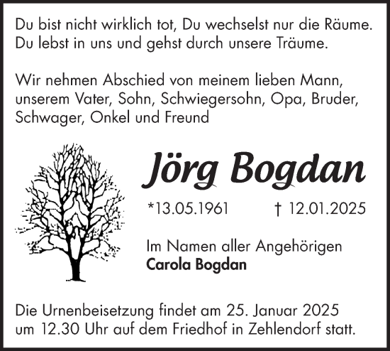 Traueranzeige von Jörg Bogdan von Märkische Oderzeitung