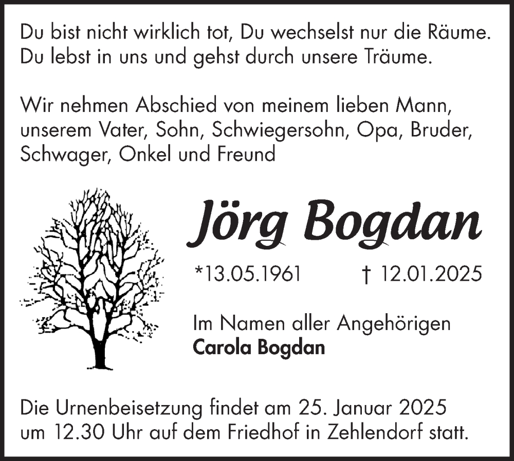  Traueranzeige für Jörg Bogdan vom 18.01.2025 aus Märkische Oderzeitung