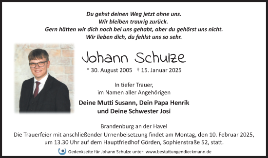 Traueranzeige von Johann Schulze von Märkische Oderzeitung