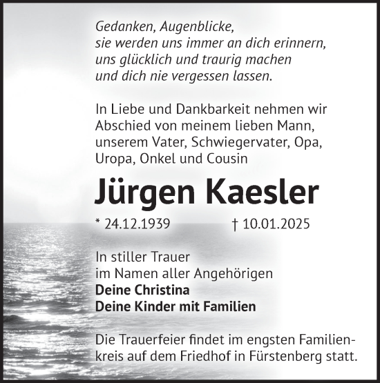 Traueranzeige von Jürgen Kaesler von Märkische Oderzeitung