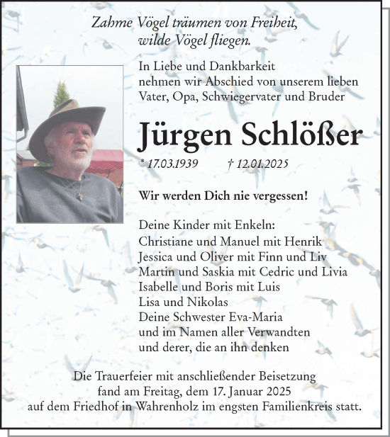 Traueranzeige von Jürgen Schlößer von Märkische Oderzeitung