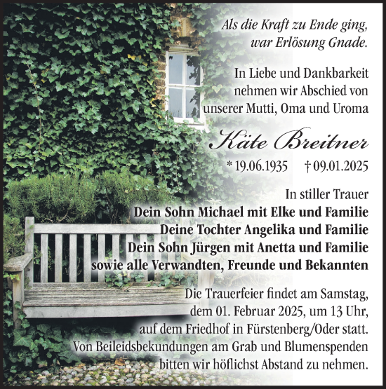 Traueranzeige von Käte Breitner von Märkische Oderzeitung