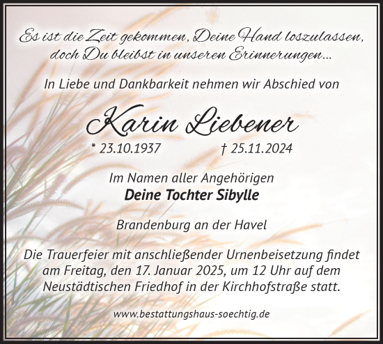 Traueranzeige von Karin Liebener von Märkische Oderzeitung