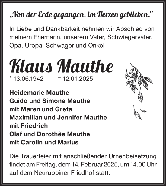 Traueranzeige von Klaus Mauthe von Märkische Oderzeitung