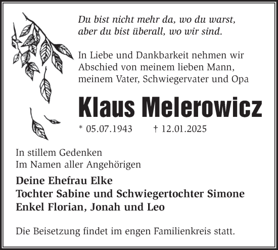 Traueranzeige von Klaus Melerowicz von Märkische Oderzeitung