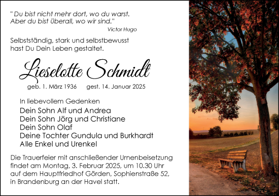 Traueranzeige von Lieselotte Schmidt von Märkische Oderzeitung