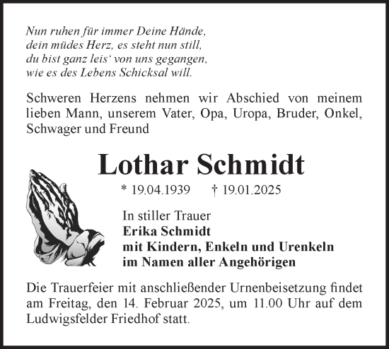 Traueranzeige von Lothar Schmidt von Märkische Oderzeitung