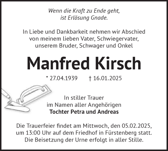 Traueranzeige von Manfred Kirsch von Märkische Oderzeitung