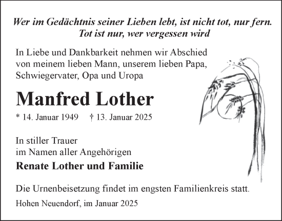 Traueranzeige von Manfred Lother von Märkische Oderzeitung