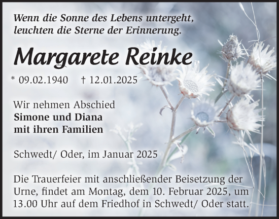 Traueranzeige von Margarete Reinke von Märkische Oderzeitung