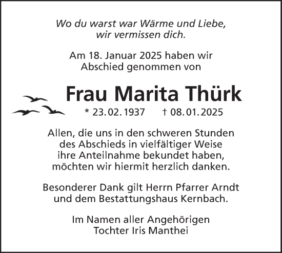 Traueranzeige von Marita Thürk von Märkische Oderzeitung