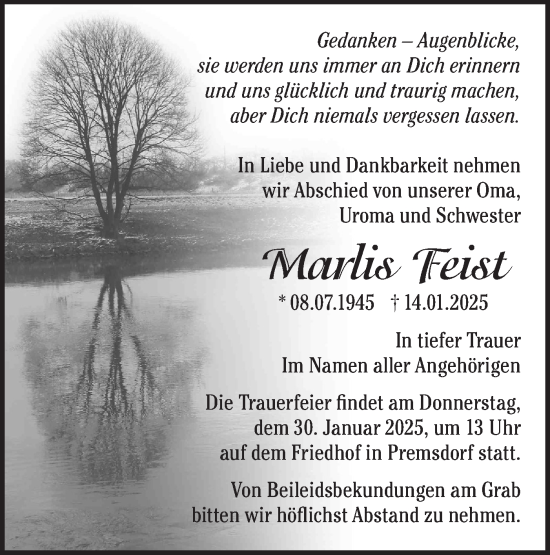 Traueranzeige von Marlis Feist von Märkische Oderzeitung