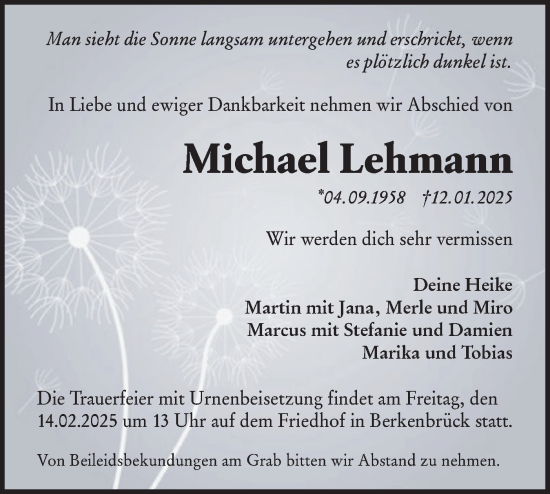 Traueranzeige von Michael Lehmann von Märkische Oderzeitung