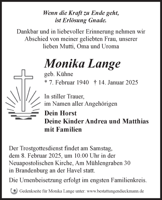 Traueranzeige von Monika Lange von Märkische Oderzeitung