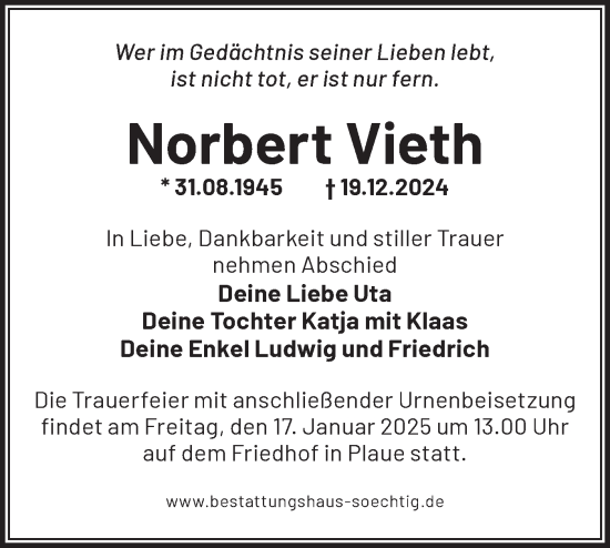 Traueranzeige von Norbert Vieth von Märkische Oderzeitung