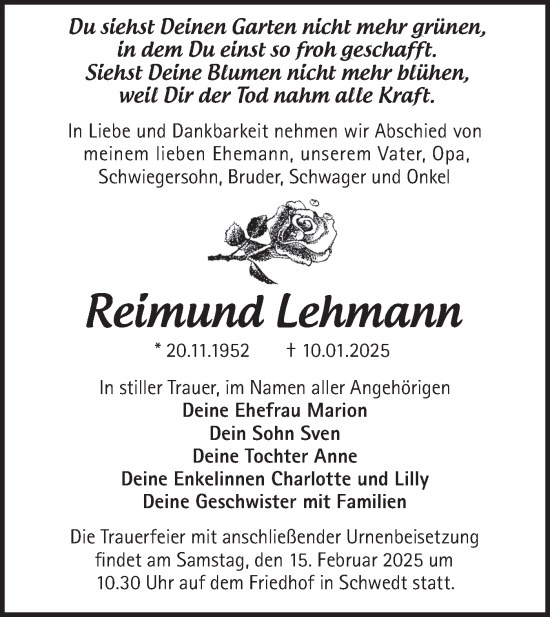 Traueranzeige von Reimund Lehmann von Märkische Oderzeitung