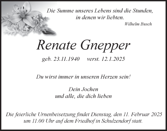 Traueranzeige von Renate Gnepper von Märkische Oderzeitung