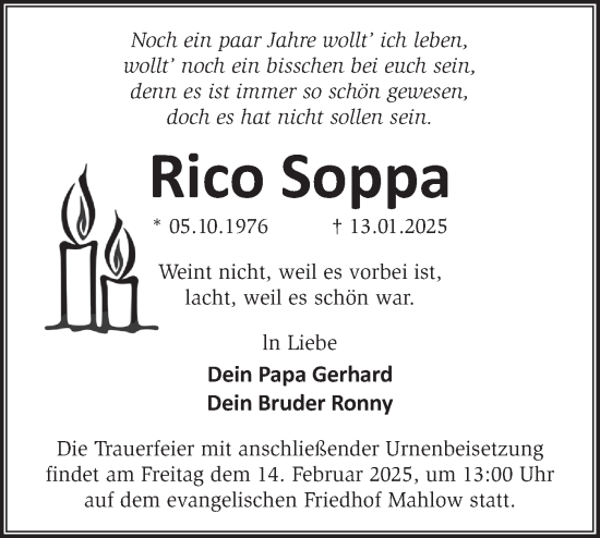 Traueranzeige von Rico Soppa von Märkische Oderzeitung