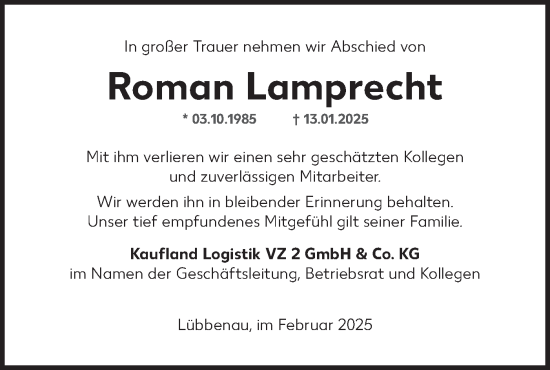 Traueranzeige von Roman Lamprecht von Märkische Oderzeitung