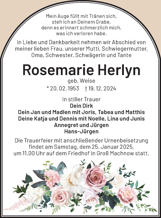 Traueranzeige von Rosemarie Herlyn von Märkische Oderzeitung