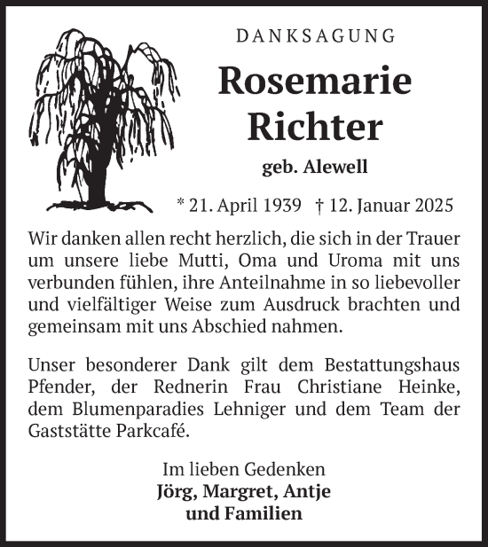 Traueranzeige von Rosemarie Richter von Märkische Oderzeitung