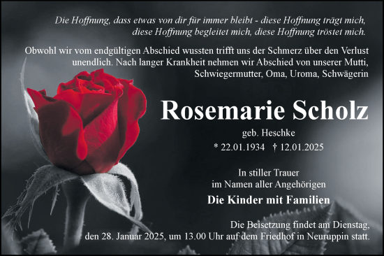 Traueranzeige von Rosemarie Scholz von Märkische Oderzeitung