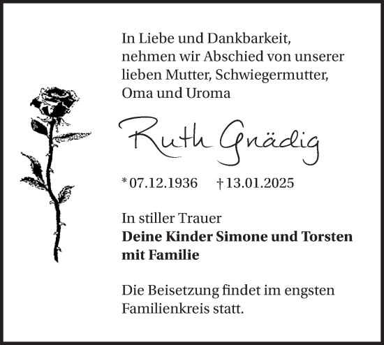 Traueranzeige von Ruth Gnädig von Märkische Oderzeitung