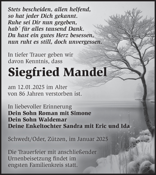 Traueranzeige von Siegfried Mandel von Märkische Oderzeitung