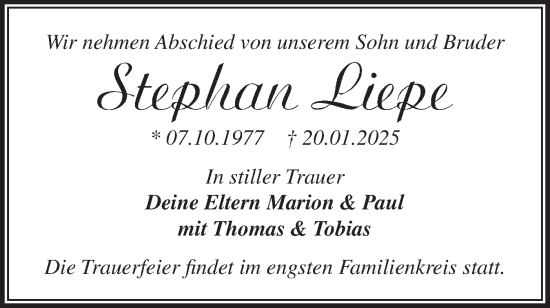 Traueranzeige von Stephan Liepe von Märkische Oderzeitung