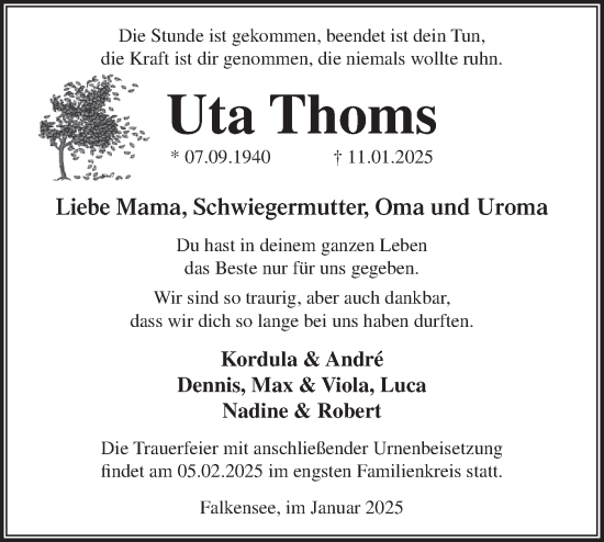 Traueranzeige von Uta Thoms von Märkische Oderzeitung