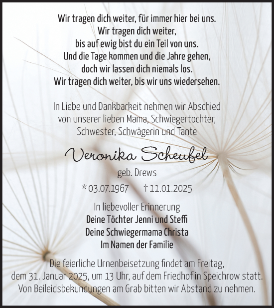 Traueranzeige von Veronika Scheufel von Märkische Oderzeitung
