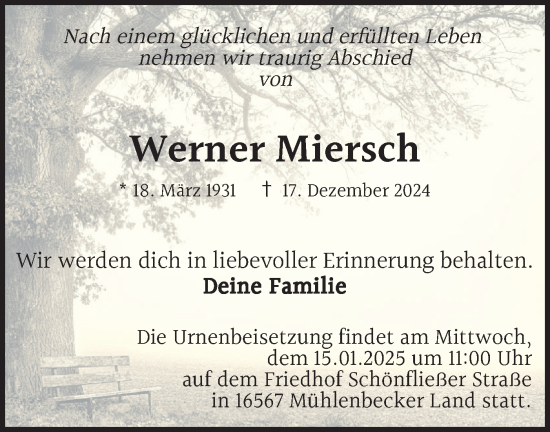 Traueranzeige von Werner Miersch von Märkische Oderzeitung