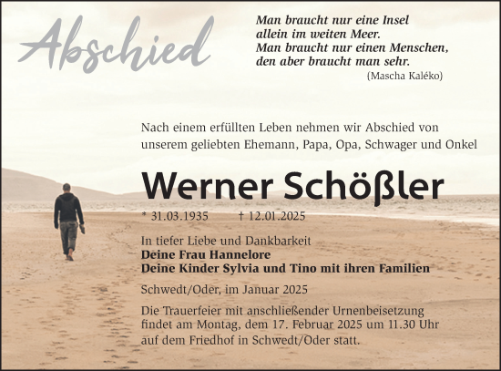 Traueranzeige von Werner Schößler von Märkische Oderzeitung