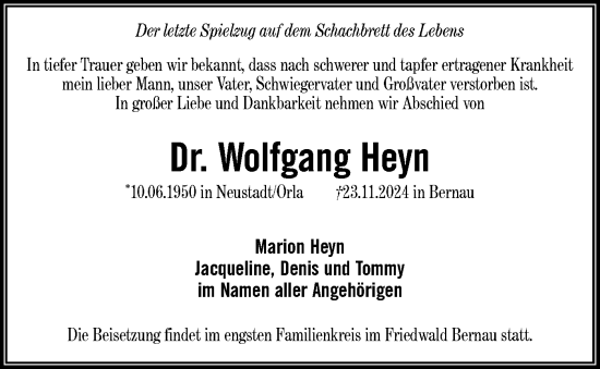 Traueranzeige von Wolfgang Heyn von Märkische Oderzeitung