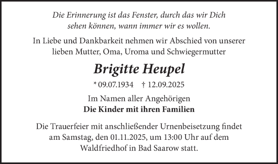 Traueranzeige von Brigitte Heupel von Märkische Oderzeitung