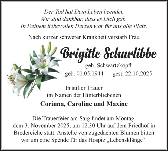 Traueranzeige von Brigitte Scharlibbe von Märkische Oderzeitung