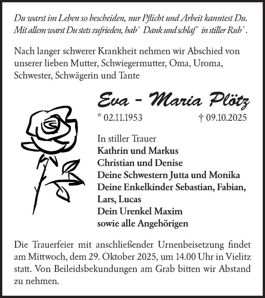  Traueranzeige für Eva-Maria Plötz vom 18.10.2025 aus Märkische Oderzeitung