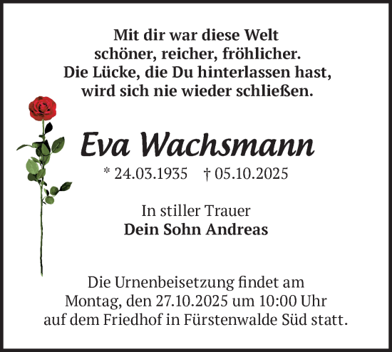 Traueranzeige von Eva Wachsmann von Märkische Oderzeitung