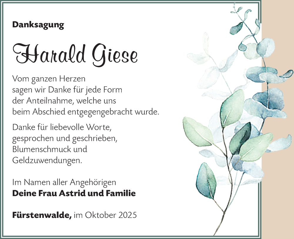  Traueranzeige für Harald Giese vom 11.10.2025 aus Märkische Oderzeitung