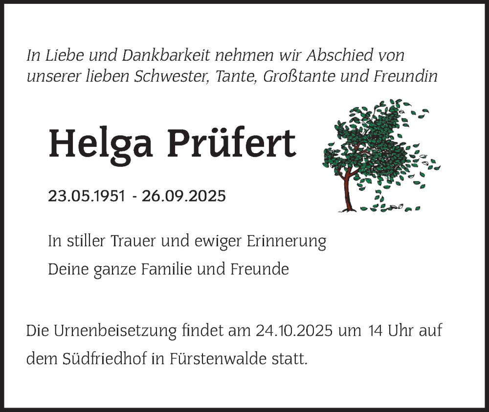  Traueranzeige für Helga Prüfert vom 18.10.2025 aus Märkische Oderzeitung