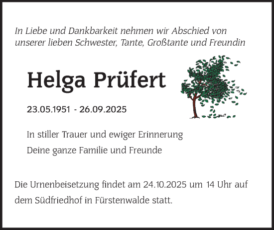 Traueranzeige von Helga Prüfert von Märkische Oderzeitung